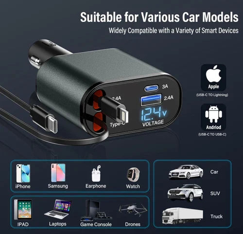 4 In 1 Retractable Car Phone Charger