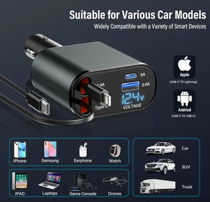 4 In 1 Retractable Car Phone Charger